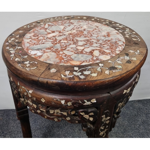 82 - Oriental Hardwood Mother of Pearl Inlay and Marble Top Occasional Table H:52cm x W:41cm.