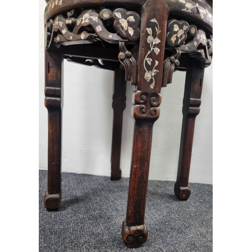 82 - Oriental Hardwood Mother of Pearl Inlay and Marble Top Occasional Table H:52cm x W:41cm.