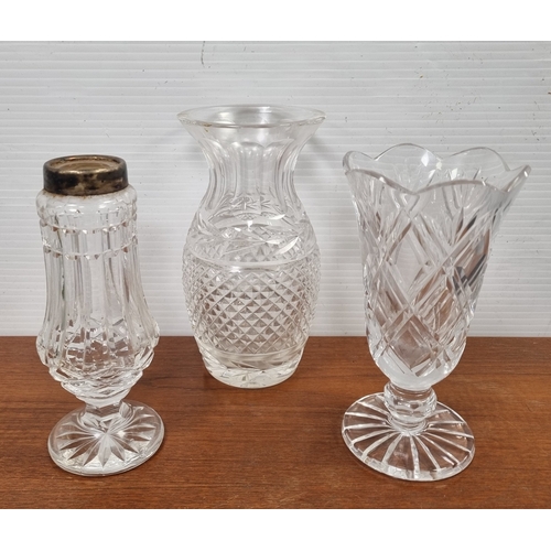 181 - Set of 3 cut-glass tableware: Waterford Sugar Castor (top missing) and Tipperary vase and Waterford ... 