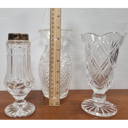 181 - Set of 3 cut-glass tableware: Waterford Sugar Castor (top missing) and Tipperary vase and Waterford ... 