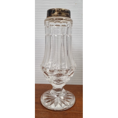 181 - Set of 3 cut-glass tableware: Waterford Sugar Castor (top missing) and Tipperary vase and Waterford ... 