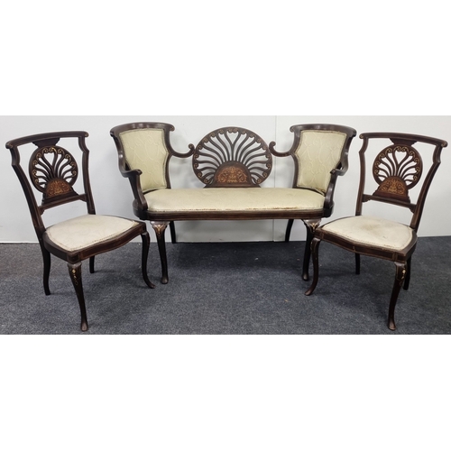 79 - Edwardian Inlaid 3 Piece Drawing Room Set - two-seat settee and pair of chairs H:86cm x W:141cm x D:... 