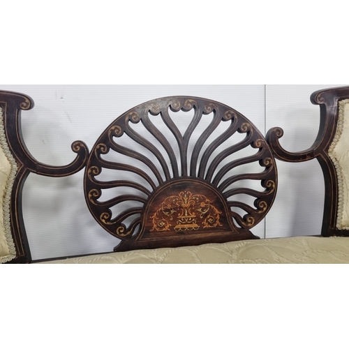 79 - Edwardian Inlaid 3 Piece Drawing Room Set - two-seat settee and pair of chairs H:86cm x W:141cm x D:... 