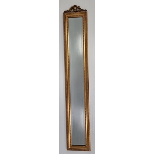 81 - Narrow Rectangular Bevelled  Wall Mirror with Foliate Crest H:123cm x W:21cm.