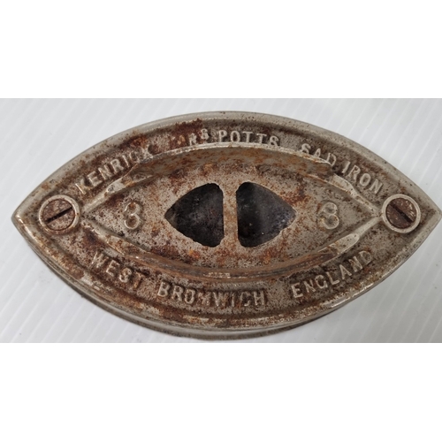 98 - Lot of  3 Kendrick & Sons Vintage Irons in Tin