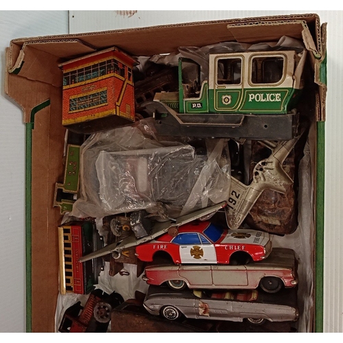 214 - Large Collection of vintage tinplate toy vehicles and accessories