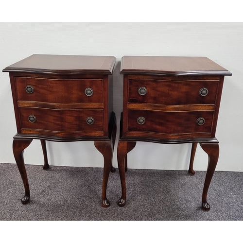 113 - Pair of mahogany two-drawer bedside lockers on cabriole legs, H: 73cm x W: 47cm x D:39cm