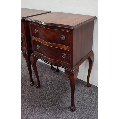 113 - Pair of mahogany two-drawer bedside lockers on cabriole legs, H: 73cm x W: 47cm x D:39cm