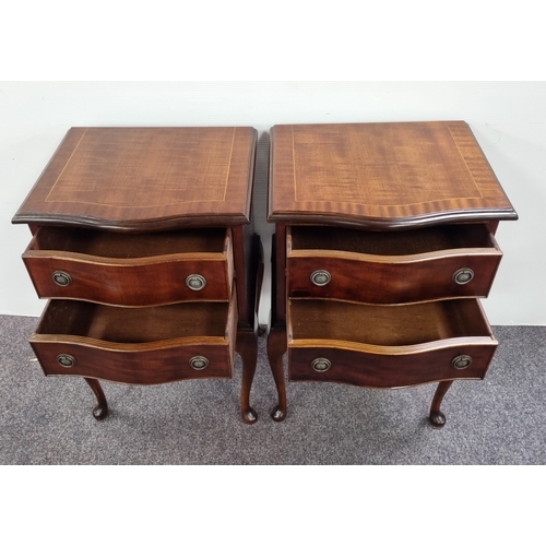113 - Pair of mahogany two-drawer bedside lockers on cabriole legs, H: 73cm x W: 47cm x D:39cm