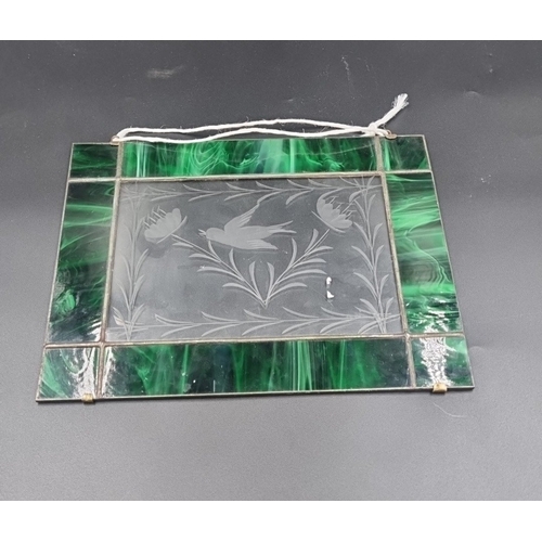 195 - Pair of stained-glass decorative panels H: Blue: 22cm. Green: 23cm. W: Blue: 35cm Green: 29cm.
