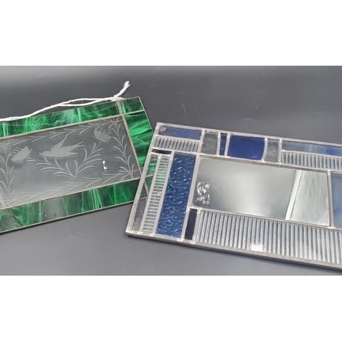 195 - Pair of stained-glass decorative panels H: Blue: 22cm. Green: 23cm. W: Blue: 35cm Green: 29cm.