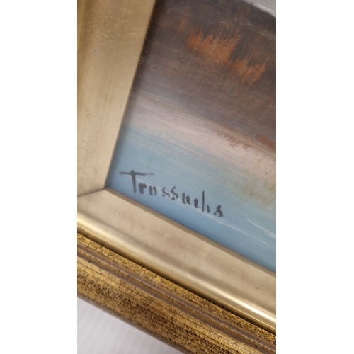 235 - Framed signed oil painting on board of a lakeside/mountain scene, H: 47cm x W: 68cm