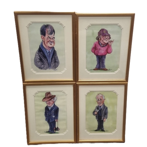 61 - Set of 4 framed signed caricature watercolours of Irish figures H:40 cm x W:30cm