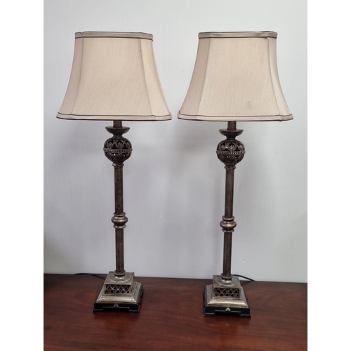 114 - Pair of metal table lamps with fabric shades, H: 80cm