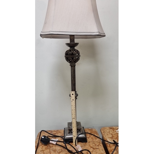 114 - Pair of metal table lamps with fabric shades, H: 80cm