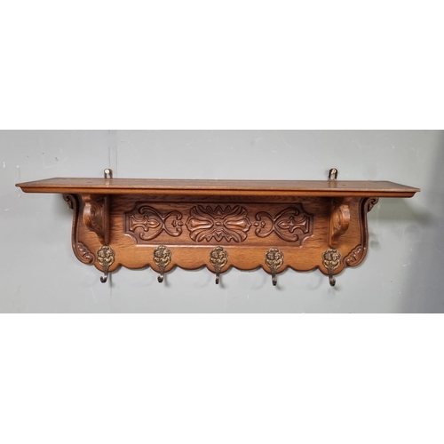 201 - Carved oak wall shelf with five coat hooks, H: 27cm x W: 88cm x D: 19cm