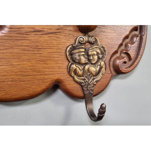 201 - Carved oak wall shelf with five coat hooks, H: 27cm x W: 88cm x D: 19cm