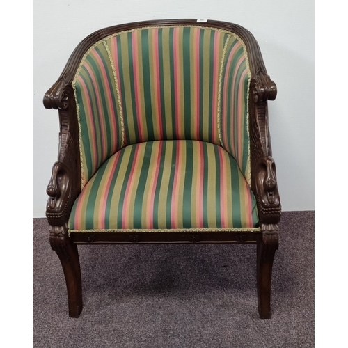 207 - Carved swan-arm tub armchair with striped upholstery