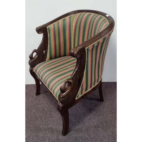 207 - Carved swan-arm tub armchair with striped upholstery