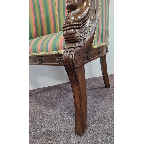 207 - Carved swan-arm tub armchair with striped upholstery