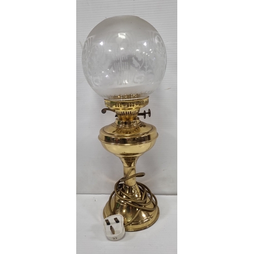 224 - Electric table lamp with etched glass globe shade, H: 49cm