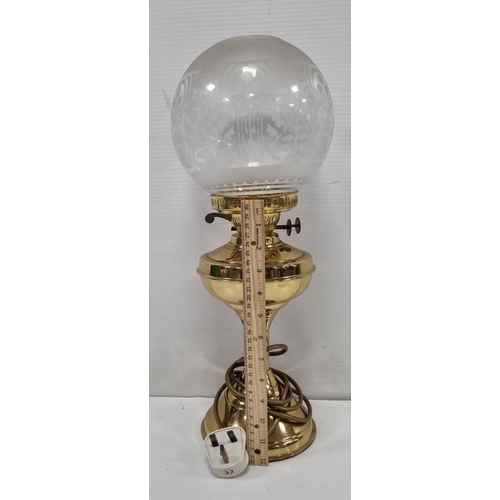 224 - Electric table lamp with etched glass globe shade, H: 49cm