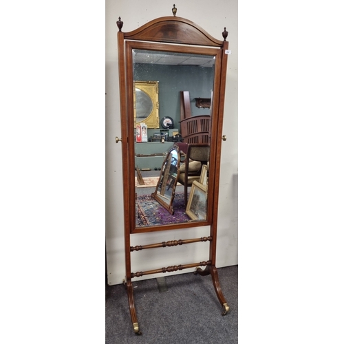 229 - Inlaid Cheval Mirror with brass toe side pods, H: 190cm x W: 70cm