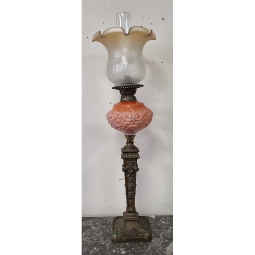232 - Antique tall oil lamp with etched glass shade and light pink reservoir, H: 80cm