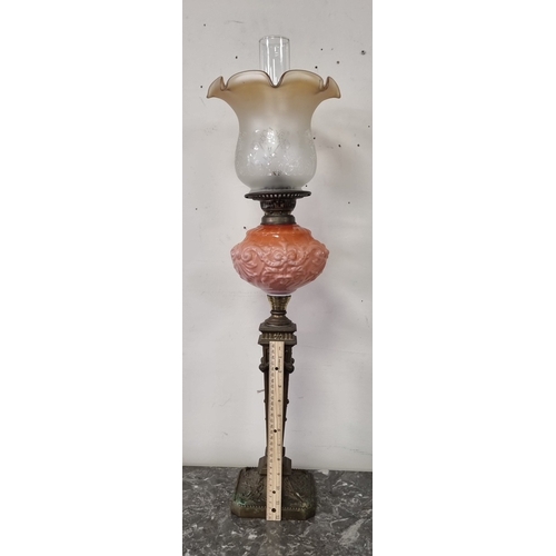 232 - Antique tall oil lamp with etched glass shade and light pink reservoir, H: 80cm