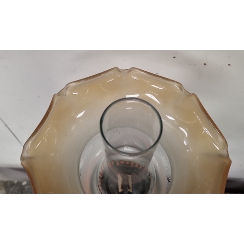 232 - Antique tall oil lamp with etched glass shade and light pink reservoir, H: 80cm