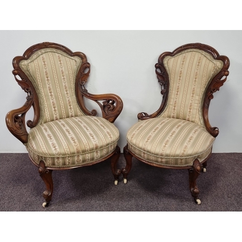 90 - Pair of Antique upholstered balloon-back armchairs