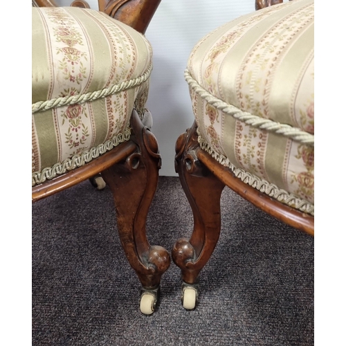 90 - Pair of Antique upholstered balloon-back armchairs