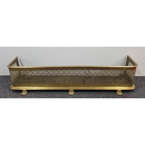 83 - Antique Brass Pierced Fender with Lion Paw Feet H:27cm x W:124cm x D:33cm.