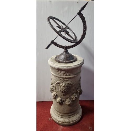 116 - Armillary sundial on decorative pedestal, Pedestal H: 49cm Total Height: 84cm