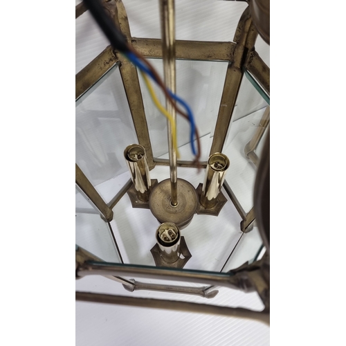 222 - Pair of hexagonal  brass and glass hall lantern pendant lights, H: 60cm (panel light plus chain)