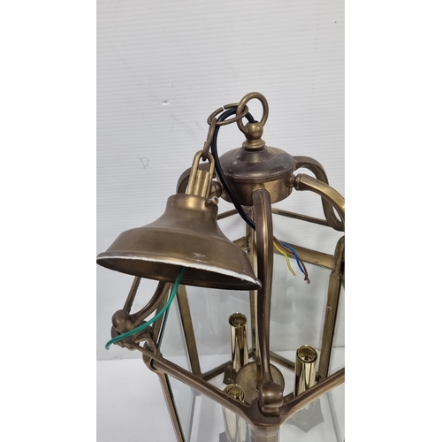 222 - Pair of hexagonal  brass and glass hall lantern pendant lights, H: 60cm (panel light plus chain)