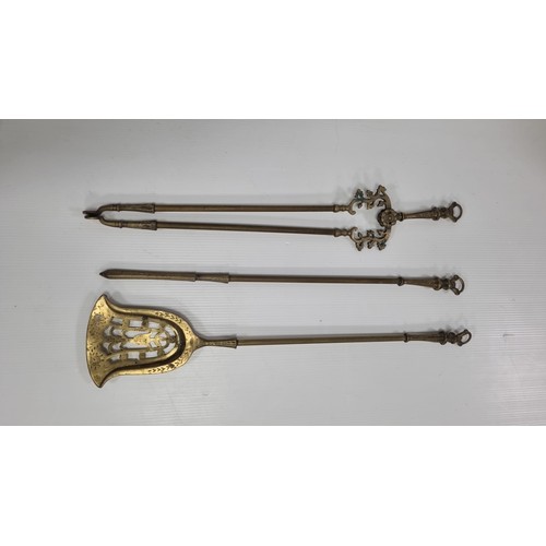 223 - 3 Pieces of Brass Fireside Companion Set, L: 80cm approx.