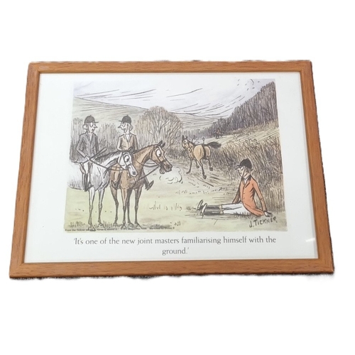 84 - Set of 5 J. Tickner equestrian cartoon prints, framed, H: 23cm x W: 32cm