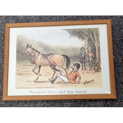 84 - Set of 5 J. Tickner equestrian cartoon prints, framed, H: 23cm x W: 32cm
