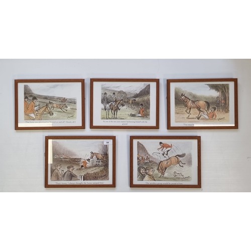 84 - Set of 5 J. Tickner equestrian cartoon prints, framed, H: 23cm x W: 32cm