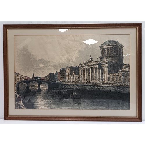 205 - Old Coloured Engraving of Four Courts Dublin, H: 59cm x W: 85cm