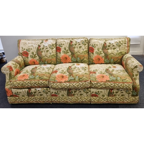 2 - Upholstered Three Seater sofa in a Floral Peacock Fabric ,  H: 83cm x W: 190cm x D: 96cm
