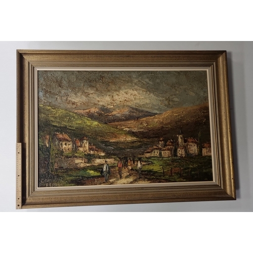 6 - Continental Landscape with Figures, Signed Lower Left - Oil, H: 78cm X W: 108cm X D: 5cm.