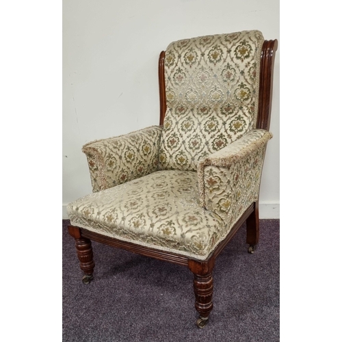 15 - Victorian walnut upholstered armchair, H: 89cm X W: 59cm X D: 66cm
