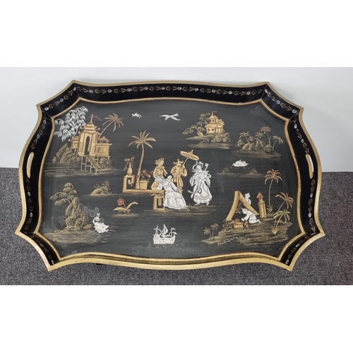 17 - Chinoiserie Lacquered Folding Butler’s  Coffee Table Tray on Stand, H: 86cm X W: 60cm X D: 7cm. Stan... 