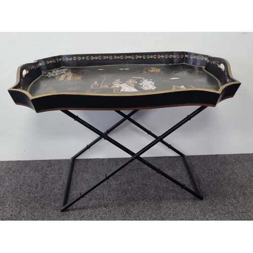 17 - Chinoiserie Lacquered Folding Butler’s  Coffee Table Tray on Stand, H: 86cm X W: 60cm X D: 7cm. Stan... 