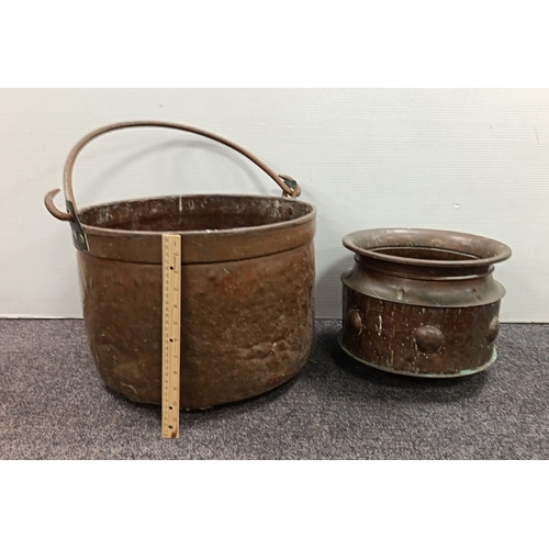 18 - Large copper cauldron with swing handle and Smaller Planter H: 30cm X W: 46cm