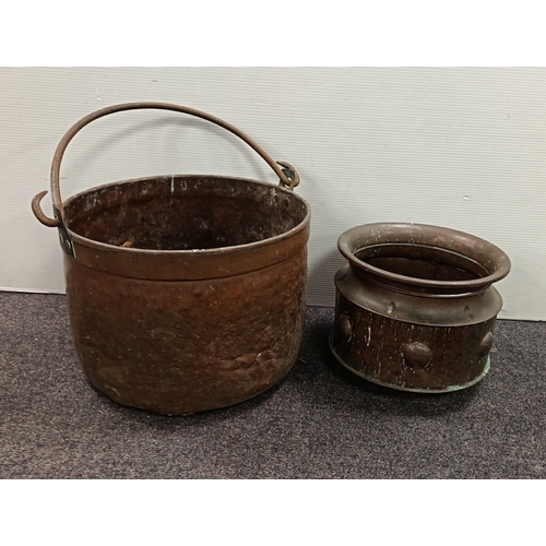 18 - Large copper cauldron with swing handle and Smaller Planter H: 30cm X W: 46cm