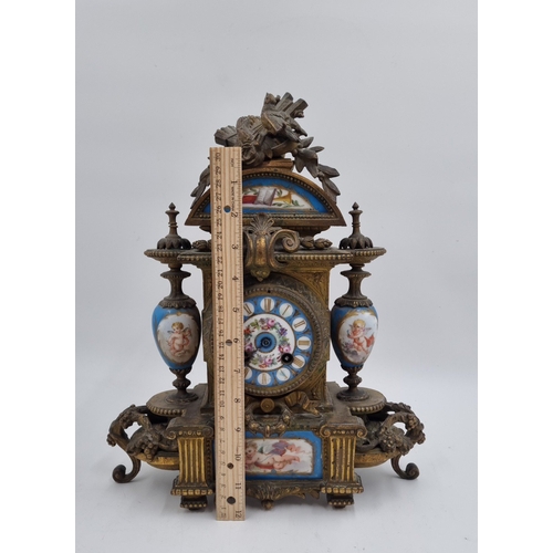 40 - French gilt-metal and painted porcelain mantel clock, H: 37cm X W: 30cm X D: 13cm