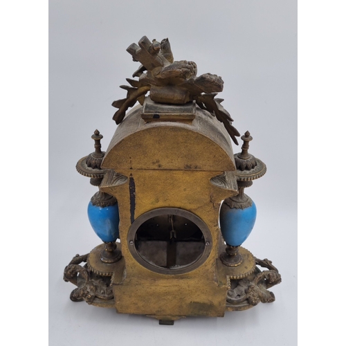 40 - French gilt-metal and painted porcelain mantel clock, H: 37cm X W: 30cm X D: 13cm